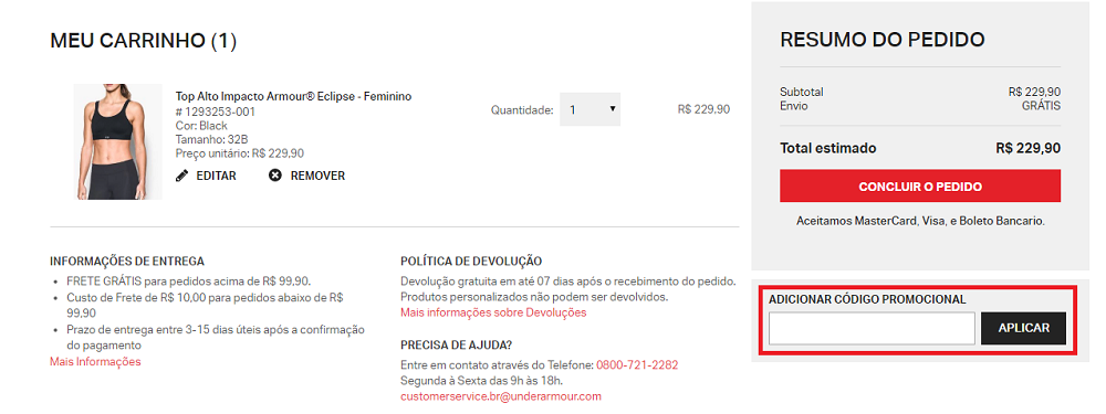 Onde colar o codigo promocional Under Armour