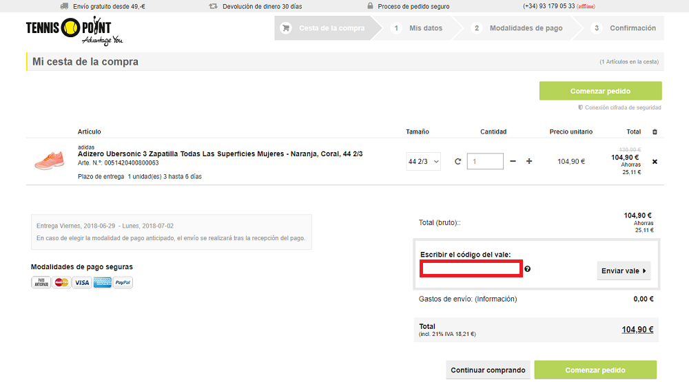 codigo descuento tennis point