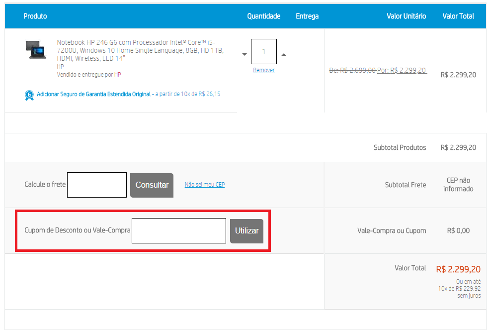 Onde colar o cupom HP