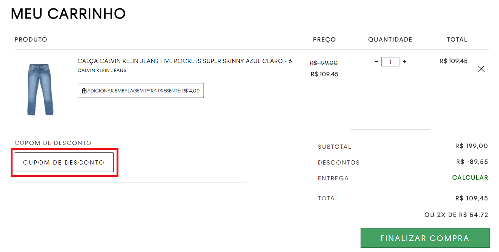 Onde colar o cupom de desconto Calvin Klein